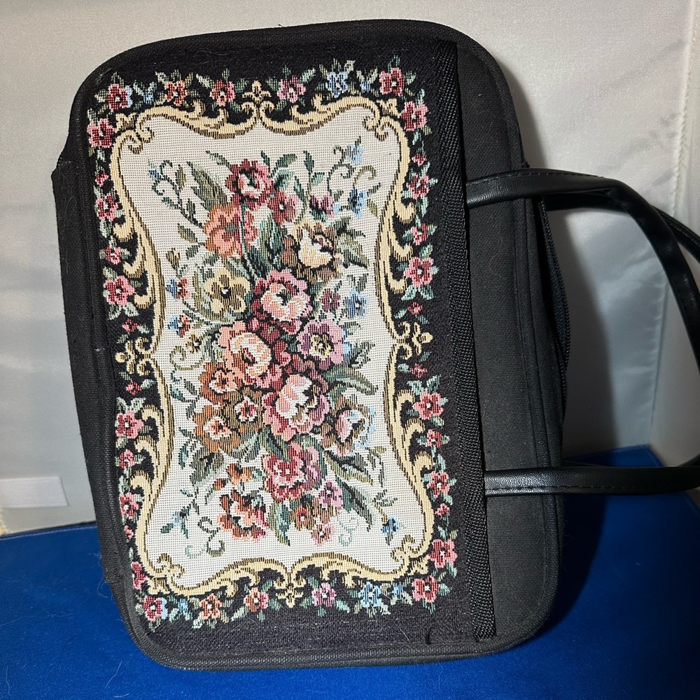 Bible book cover.  Floral Tapestry Handbag with Black Trim